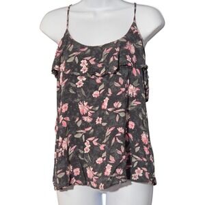 American Eagle Floral Ruffle Strappy Cami Top Grey Pink Womens Medium